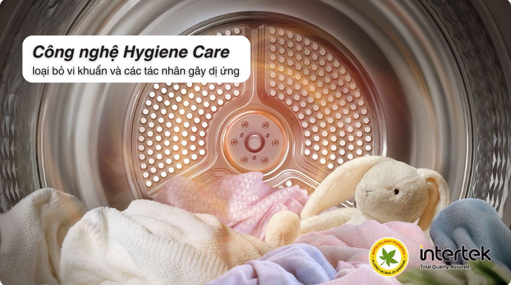 Máy sấy bơm nhiệt Samsung DV90CGC2A0ABSV với công nghệ Hygiene Care giúp loại bỏ các vi khoanar và tác nhân gây dị ứng